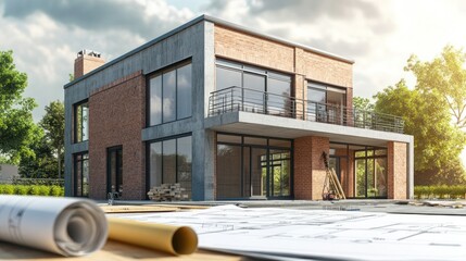 Aufkleber - Modern house under construction, blueprint foreground.