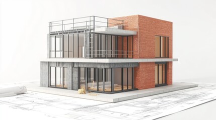 Aufkleber - Architectural model, half built, on plan documents.