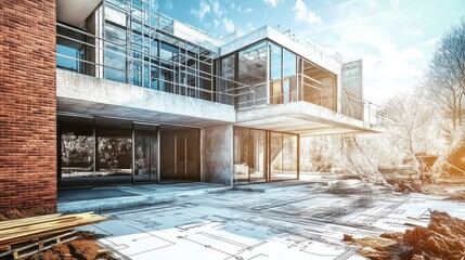 Poster - Modern concrete house under construction with blue print overlay.