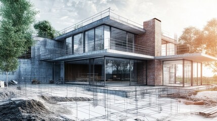 Poster - Modern house under construction with blueprint overlay.