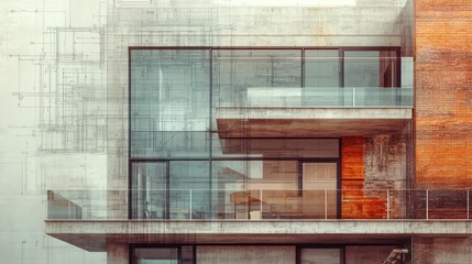 Aufkleber - Modern building with plans overlayed, concrete and glass exterior.