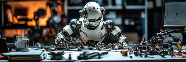 Fototapete - Robot works on components on table with tools, parts, and monitor.