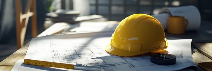 Aufkleber - Yellow hard hat, blueprints, ruler and tools on wooden table.