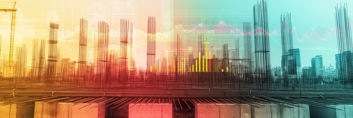 Fototapete - Blurred construction with overlaid graphs, red, yellow, blue tones.