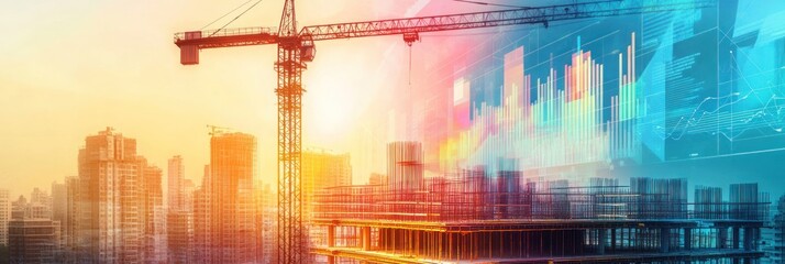 Poster - Building construction site with financial charts overlay, sunset.