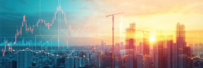 Poster - City skyline with financial graphs, sunset backdrop, cranes.