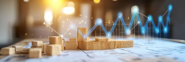 Poster - Wood blocks form a rising graph over a plan with a bright background.