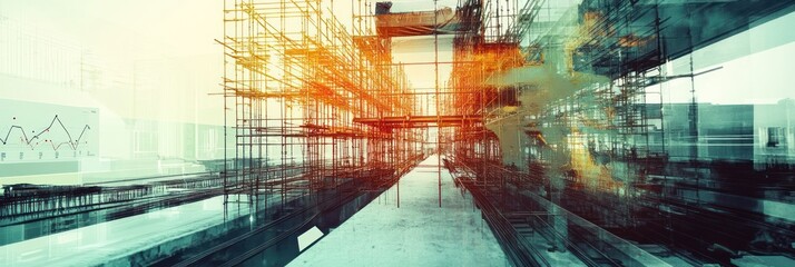 Poster - Abstract building construction with chart overlay, orange and teal tones.
