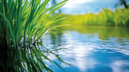 Aufkleber - Green blades in water; soft focus background.