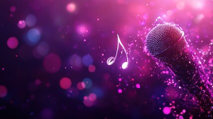 Poster - Microphone surrounded by glowing particles and music notes on purple bokeh background.