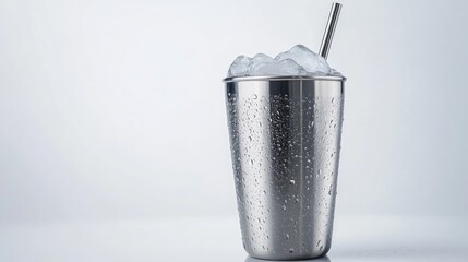 Poster - Iced metal cup with metal straw, condensation.