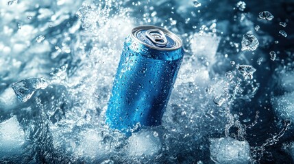 Poster - Blue can surrounded by ice cubes and splashes of water.