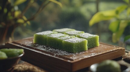 Sticker - Green square desserts dusted with sugar on a wood board.