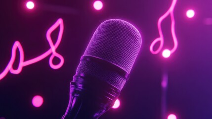 Poster - Close-up microphone with neon music notes, purple hue.