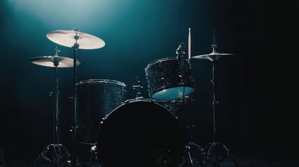 Poster - Drum kit illuminated in the dark stage with one drumstick.