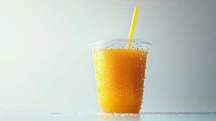 Poster - Orange juice in clear plastic cup with a yellow straw.