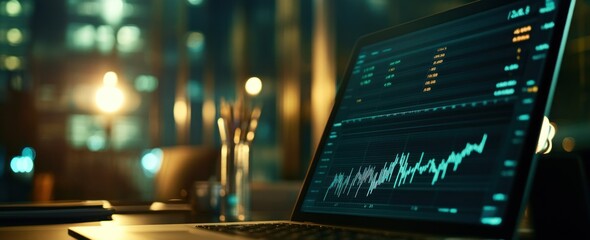 Poster - Laptop displaying financial data, blurred background with city lights.