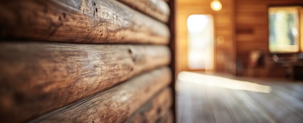 Leinwandbilder - Wooden cabin wall, blurred interior with door and window, sunlight.
