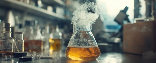 Aufkleber - Steaming amber liquid in flask with other laboratory glassware.
