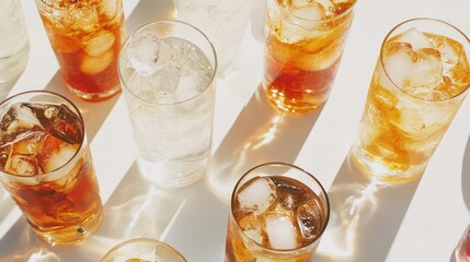 Poster - Multiple glasses filled with different colorful icy drinks, sunlit on white surface.