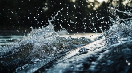 Poster - Splashing water surface with droplets in dark environment.