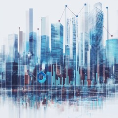 Poster - Cityscape with overlayed graphs and bar charts.