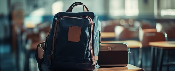 Leinwandbilder - Backpack and lunchbox on classroom desk, chairs background.