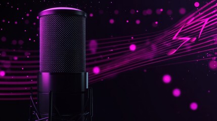 Aufkleber - Microphone with pink notes and particles on dark backdrop.