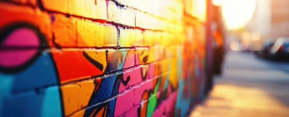Fototapete - Colorful mural on brick wall along urban street at sunset.
