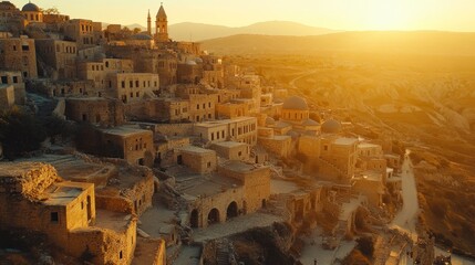 Poster - Ancient stone village on hill, sun rising, dramatic lighting.