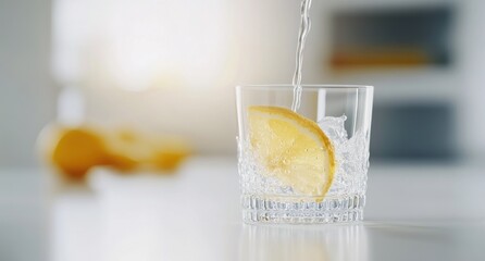 Poster - Water poured into glass with lemon, splash effect, bright light.