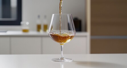 Poster - Liquid pouring into glass, kitchen blurred.