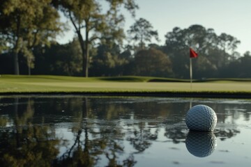 Wall Mural - Golf ball in water, course behind, red flag at green, trees.