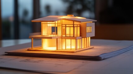 Leinwandbilder - Illuminated house model on architectural plans.