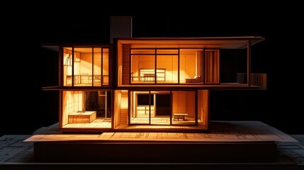 Leinwandbilder - Architectural model with lit interiors, two levels on plans.