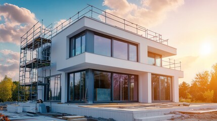 Poster - Modern house with scaffolding, golden sunset light.