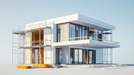 Leinwandbilder - Modern two story house under construction with scaffolding.