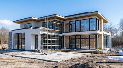 Leinwandbilder - Modern house under construction with large windows and scaffolding. (1)
