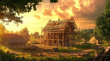 Wooden frame house under construction at sunset.