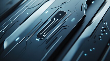 Abstract dark metallic surface with glowing circuit lines.