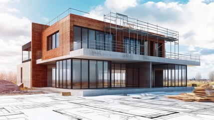 Poster - Modern house construction site, scaffolding and architectural plans.