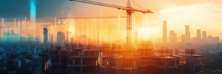 Poster - Building site, construction, city skyline with digital overlay at sunset.