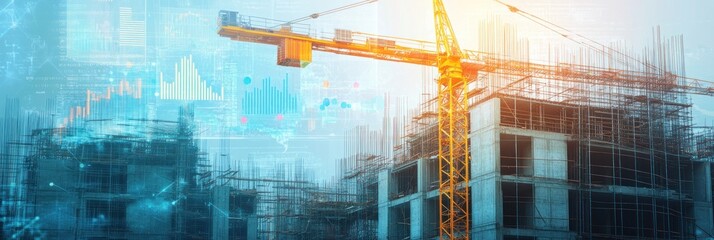 Poster - Construction site with crane and financial overlay.