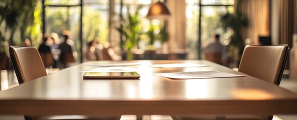 Poster - Meeting table with phone and paper, blurred people and plants in the background.