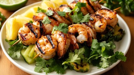 Poster - Grilled shrimp skewers with pineapple and cilantro on plate.