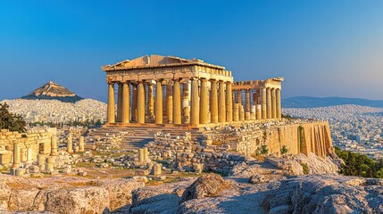 Poster - Ancient Parthenon ruins on hilltop with city and mountain in background.