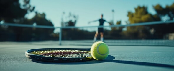 Wall Mural - Tennis racket and ball on court, player in background with arms up.