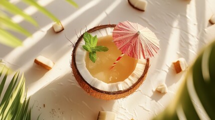 Sticker - Coconut drink with umbrella, straw, mint on white.