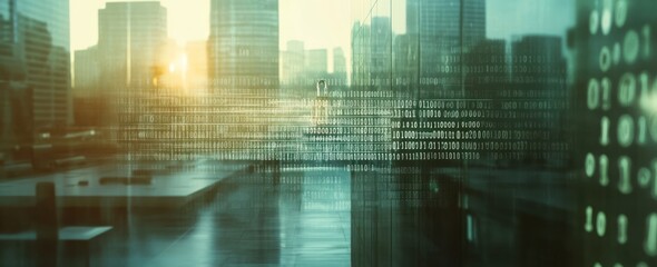 Poster - City buildings behind digital binary code layer.
