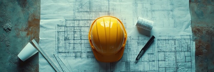 Aufkleber - Construction plans with hardhat, pen, roll, and cup on a grunge background.